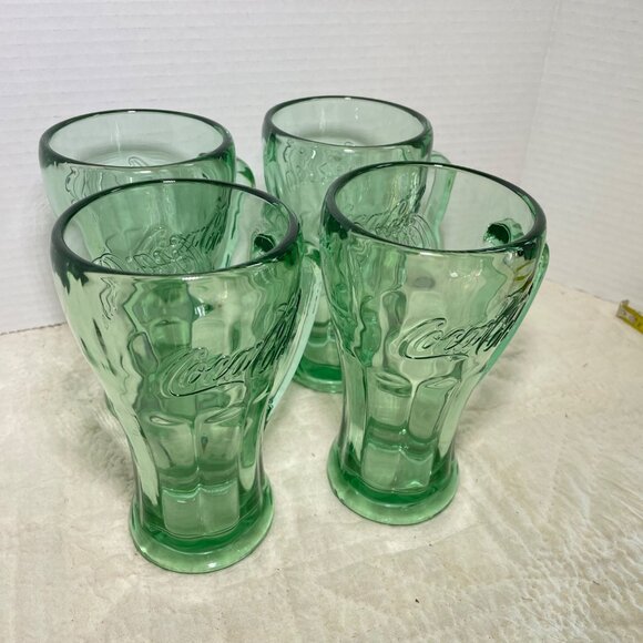 Set Of 4 Coca-Cola Embossed Heavy Green Glass Mugs With Handle Vintage Style 16 - Picture 3 of 11